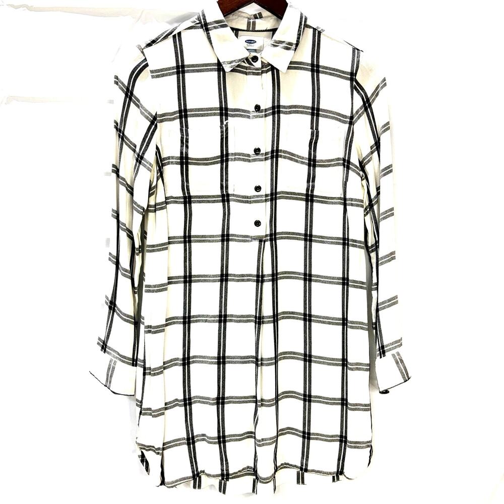 Old Navy Petite M Black White Plaid Tunic Shirt Dress Button Front Long Sleeve